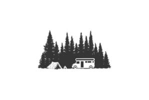 pino cedro abete conifera sempreverde abete larice cipresso alberi di cicuta foresta con auto e falò per campeggio all'aperto avventura logo design vettore