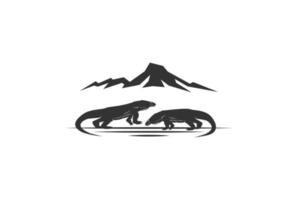 isola di montagna con il vettore di progettazione del logo della lucertola del drago di komodo gigante