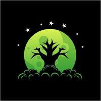disegno del logo della siluetta dell'albero sulla luna vettore