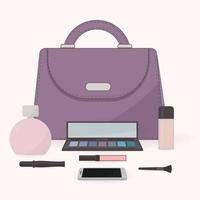 il contenuto di una borsa da donna. borsa, profumo, cosmetici e telefono cellulare. tavolo da toeletta. concetto di blogger di bellezza, moda e glamour. vettore