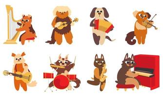 set di musicisti di cani. personaggi divertenti in stile piatto doodle vettore