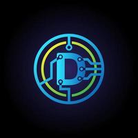 modello di progettazione del logo della lettera iniziale d, logo vettoriale dell'icona della tecnologia in cerchio