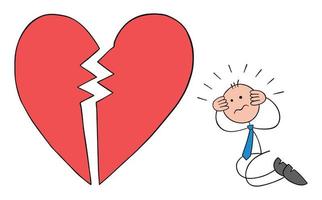 uomo d'affari stickman inginocchiato davanti al cuore spezzato e deluso, illustrazione vettoriale cartone animato con contorno disegnato a mano