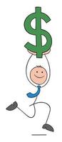 uomo d'affari stickman sta correndo felice e portando il simbolo del dollaro, illustrazione vettoriale del fumetto del profilo disegnato a mano.