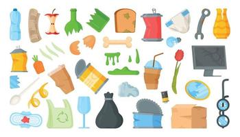 illustrazione vettoriale di raccolta dei rifiuti in un contenitore. bottiglie, lattine, cibo in scatola, avanzi, guarnizioni, cose rotte.
