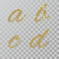 lettera in polvere glitter oro a, b, c, d in stile dipinto a mano vettore