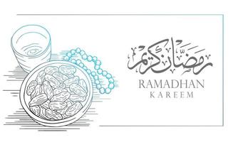 illustrazione disegnata a mano delle palme da dattero di vettore con il modello di ramadhan kareem del testo di calligrafia per il banner