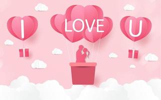 amore e San Valentino, gli amanti stanno in piedi e un palloncino a forma di cuore di carta che galleggia nel cielo. stile artigianale. vettore