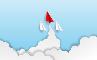 Leadership aziendale, concetto finanziario. La direzione dell&#39;aereo di carta rossa al cielo va all&#39;obiettivo di successo. stile di arte cartacea. idea creativa. vettore. vettore