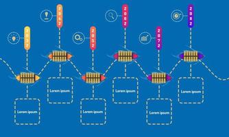 elementi della timeline della roadmap di volo con grafico markpoint pensa alle icone di destinazione dell'ingranaggio di ricerca. illustrazione vettoriale eps10