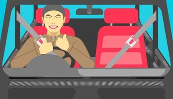 auto a guida sicura. un uomo così felice quando si è messo la cintura di sicurezza prima di mettersi in viaggio. illustrazione vettoriale eps10