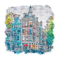 illustrazione disegnata a mano di schizzo dell'acquerello di amsterdam paesi bassi vettore