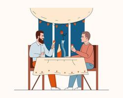 le coppie gay celebrano l'anniversario, il giorno di San Valentino, trascorrono del tempo insieme. uomini omosessuali si siedono al ristorante e bevono champagne. illustrazione vettoriale piatta isolata su sfondo bianco