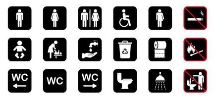 set di segno wc. icona della siluetta della stanza da bagno. bagno, pittogramma del bagno. stanza della mamma e del bambino. bagno pubblico per disabili, uomini, donne, transgender. icona non fumatori. illustrazione vettoriale. vettore