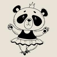 simpatico personaggio panda. ragazza ballerina in abito su scarpe da punta con corona. illustrazione vettoriale. personaggio simpatico animale in stile lineare disegno a mano per bambini collezione e carte, design, arredamento e stampa vettore