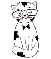 simpatico gatto con gli occhiali. illustrazione vettoriale. doodle lineare disegnato a mano del personaggio del gatto per il design e l'arredamento vettore