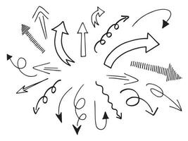 set di icone di frecce disegnate a mano. icona della freccia con varie direzioni. illustrazione vettoriale di scarabocchio. Isolato su uno sfondo bianco.