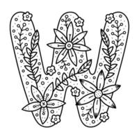 alfabeto floreale. lettera di doodle incolore w. libro da colorare per adulti e bambini. vettore