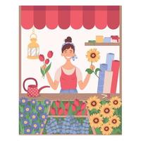 una ragazza vende fiori al bancone. chiosco del mercato di strada con fiori in vendita. tenda mercato floristica isolata su sfondo bianco. vettore