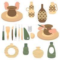 set di oggetti in ceramica. collezione di moderni utensili in ceramica e vasi in ceramica. il concetto di creare un vaso di argilla su una ruota. vettore