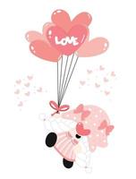 carino san valentino gnomo ragazza con palloncini a forma di cuore vettore piatto simpatico cartone animato