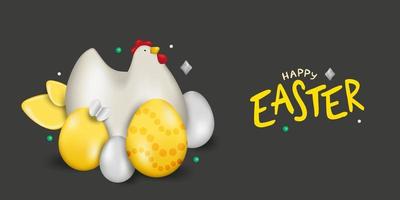 illustrazione realistica di pasqua con uova e pollo. un poster festoso ed elegante, un banner web, una cartolina alla moda. illustrazione vettoriale