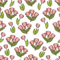 modello senza cuciture di tulipani rosa. sfondo floreale vettoriale con fiori primaverili. fumetto illustrazione di bellissimi fiori luminosi con foglie verdi e steli