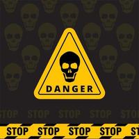 sfondo del segnale di pericolo con silhouette del cranio. sfondo a strisce di avvertimento con silhouette di teschio vettore
