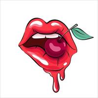 labbra di donna con una ciliegia vettore