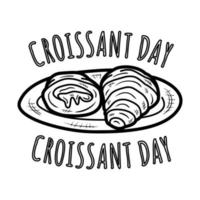 vista dall'alto del vettore logo disegnato a mano di contorno di croissant e piattino