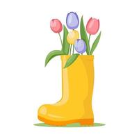 bouquet di tulipani in stivale di gomma giallo. giardinaggio. fiori di primavera. illustrazione carina per biglietti di auguri, tessuti, carta da imballaggio, imballaggi vettore