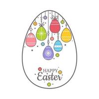 biglietto di auguri di pasqua a forma di uovo che augura buona pasqua. contorno di uova di Pasqua colorate appeso alla corda. decorazione festiva, astrazione, lettering vettore