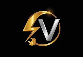 segno elettrico con la lettera v, il logo dell'elettricità, il logo dell'energia elettrica e il disegno vettoriale delle icone