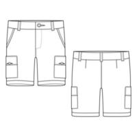 modello di progettazione dei pantaloni di pantaloncini cargo di schizzo tecnico.