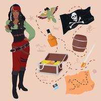 set di oggetti dei pirati, scrigno del tesoro, bandiera, pappagallo, mappa, botte, spada, veleno, rum. vettore