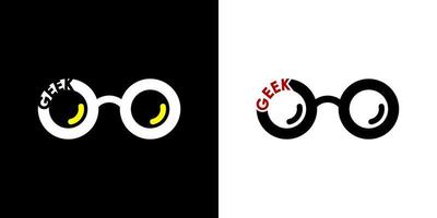 logo di occhiali cerchio geek. sui colori bianco, nero, giallo e rosso. illustrazione vettoriale semplice, elegante, premium e di lusso