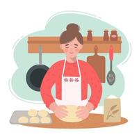 la giovane donna in cucina sta preparando soffici panini. ha la pasta tra le mani. illustrazione della giovane donna che cucina a casa. vettore