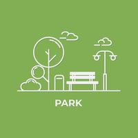 stile minimal piatto con panca e alberi sullo sfondo del parco centrale. Pensa verde ed ecologico. Giornata Mondiale per l&#39;Ambiente. vettore
