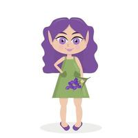 bella ragazza elfo carino con capelli viola con fiori su sfondo bianco. illustrazione del fumetto. vettore