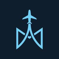 lettera m con disegno dell'illustrazione vettoriale dell'icona del logo del trasporto di viaggio della mosca dell'aeroplano