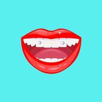 piercing ai denti con diamanti. bocca femminile con denti bianchi come la neve. sorriso penetrante. decorazione di denti con pietre di gioielleria, gemma. odontoiatria estetica. illustrazione vettoriale. vettore