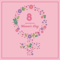 concetto di giornata internazionale della donna. simbolo femminile decorato con fiori e foglie e 8 numeri su sfondo rosa. uguaglianza, forza femminile, indipendenza di pensiero e di azione. design piatto. vettore