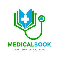 modello di logo di vettore del libro medico. questo disegno usa il simbolo dello stetoscopio. adatto per sano.