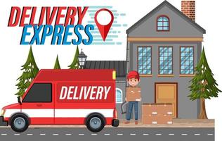 corriere che consegna pacchi con logo delivery express vettore