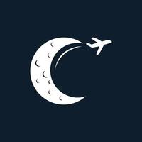 luna crescente con disegno dell'illustrazione vettoriale dell'icona del logo del trasporto di viaggio notturno in aereo