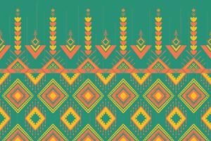 giallo arancio su verde. disegno tradizionale geometrico etnico orientale modello per sfondo, tappeto, carta da parati, abbigliamento, confezionamento, batik, tessuto, illustrazione vettoriale stile ricamo