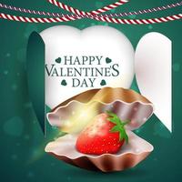 modello di biglietto verde di auguri di san valentino con guscio di perla e fragola vettore