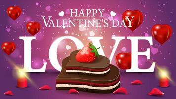 biglietto di auguri viola orizzontale di san valentino con caramelle al cioccolato a forma di cuore e fragola vettore