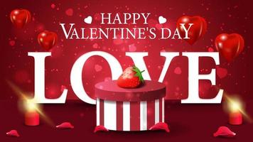 biglietto di auguri di san valentino rosso orizzontale con regalo e fragola vettore