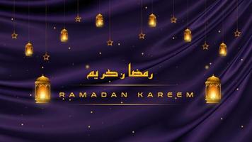 ramadan kareem sfondo di saluto islamico con lanterna d'oro su sfondo viola di lusso. modello di illustrazione vettoriale ramadan kareem